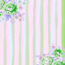 a pink and green striped background with green flowers