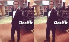 a man in a tuxedo is standing in a room with the words `` clock it '' written on the floor .