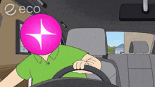 a man in a green shirt is driving a car with a pink circle on his head that says eco on it