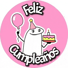 a sticker that says feliz cumpleanos with a cartoon character holding a cake and a balloon