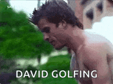 a shirtless man is standing in a park with the words `` david golfing '' written on the bottom .