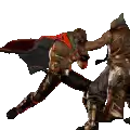 a statue of two men fighting each other with swords and shields .