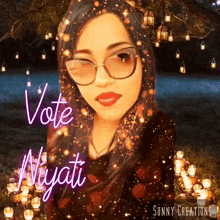 a woman wearing glasses and a scarf with the words vote niyati on it
