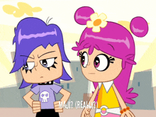 two cartoon characters standing next to each other with the words " maji ? ( really ? ) " on the bottom right