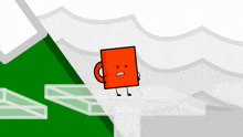 a cartoon drawing of a red square with arms and legs standing on a ledge