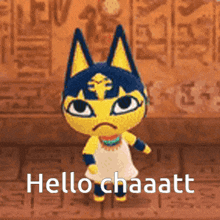 a cartoon cat is standing in front of a wall and saying hello chaaatt .