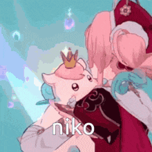 a cartoon of a girl holding a stuffed animal with a crown on it and the word niko on the bottom .