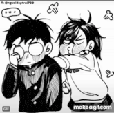 a black and white drawing of a boy and a girl fighting .