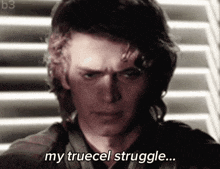 a man is standing in front of a window and says `` my truecel struggle ... '' .