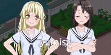 two anime girls are standing next to each other with yumisa written on the bottom right