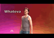 a man in a tank top is standing in front of a pink and red background with the word whateva on it