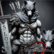 a statue of a man with a wolf head holding a sword and arrows