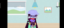 a cartoon character is standing in a room wearing a hat and sunglasses .