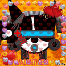 a picture of a robot surrounded by candy hearts with the words happy valentine 's on the bottom