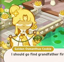 a cartoon character named golden osmanthus cookie is talking about finding grandfather fir