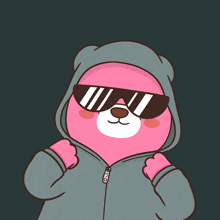 a pink bear wearing sunglasses and a hoodie with the word peace above it