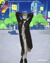 a man in a black coat is dancing in a video game
