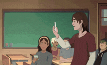 a cartoon of a boy holding a cell phone in front of a classroom