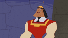 a cartoon character is wearing a red and yellow outfit and a yellow hat