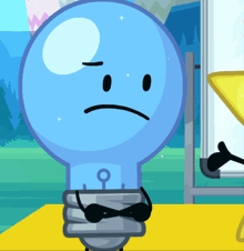 a cartoon light bulb with a sad face and sunglasses