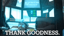 a cartoon character is sitting in a car with the words thank goodness written above him .