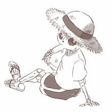 a drawing of a skeleton wearing a straw hat and flip flops