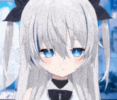 a girl with white hair and blue eyes has a bow on her hair