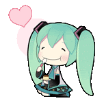 a cartoon of hatsune miku with a pink heart above her .