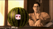 a man is standing next to a watermelon with a cartoon character on it