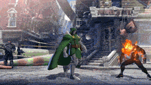 a cartoon drawing of a man in a green cape standing in front of a building that says tower 's