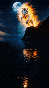 a white tiger is surrounded by flames and is reflected in the water