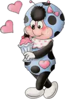 a ladybug holding a sundae with a straw and hearts around her