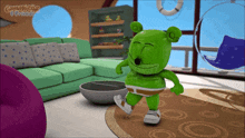 a gummy bear is dancing in a living room with gummy bears and friends written on the bottom of the screen