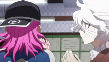 a girl with pink hair and a boy with white hair