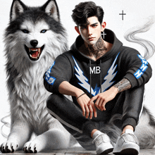 a man wearing a hoodie with the letter mb on it sits next to a wolf