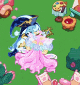 a blue and pink cartoon character with a crown on her head