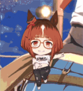 a little girl with glasses and a shirt that says uma on it