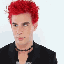 a man with red hair is wearing a black jacket and a barbed wire choker