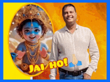 a man in a white shirt stands in front of a picture of a baby krishna