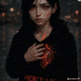 a close up of a girl 's face with red eyes and a crack in her face
