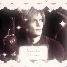 a black and white photo of a man holding a gun with the name leonde damian written on it