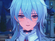 a close up of a anime girl with long blue hair and red eyes .