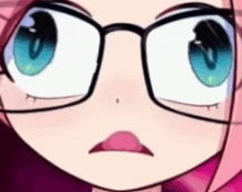 a close up of a cartoon character wearing glasses and a pink hijab .