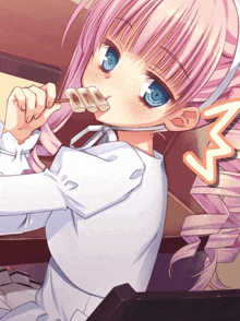 a girl with pink hair and blue eyes eating something
