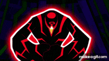 a cartoon character is surrounded by red flames and says make a gif.com below it