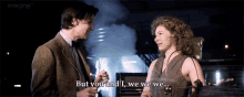 a man and a woman are standing next to each other and the woman is saying but you and i we we we
