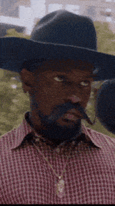 a man with a cowboy hat and mustache is wearing a red plaid shirt