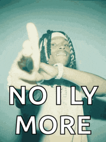 a man giving the middle finger with the words " no i ly more " behind him