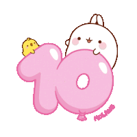 a cartoon of a bunny and a chick holding a pink number 10 balloon