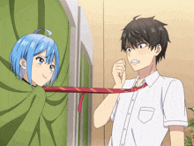 a boy and a girl are standing next to each other and the girl is holding the boy 's tie